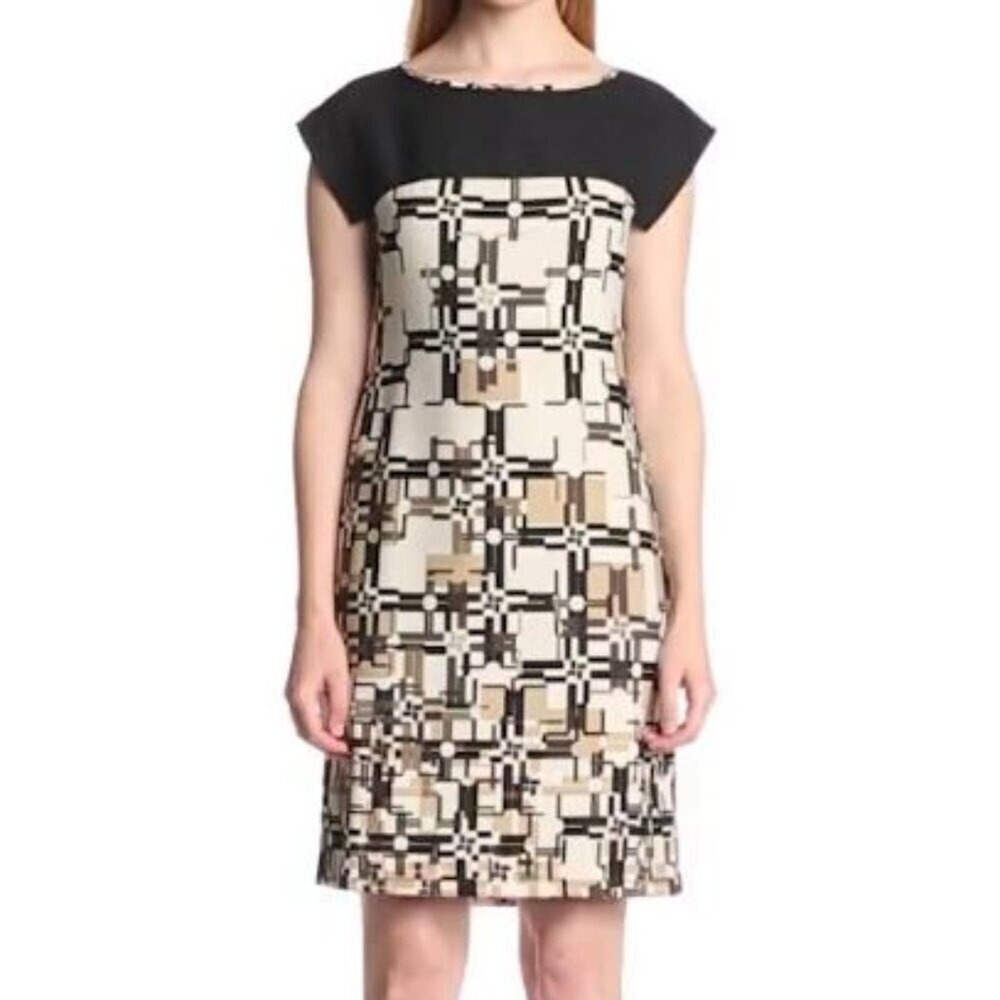 Nine West Shift Dress Women 2 Black Cream Geometric Cap Sleeve Career